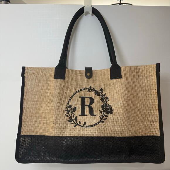 Personalized Monogram Jute Tote – Letter R Eco-Friendly Market Bag - Picture 5 of 5